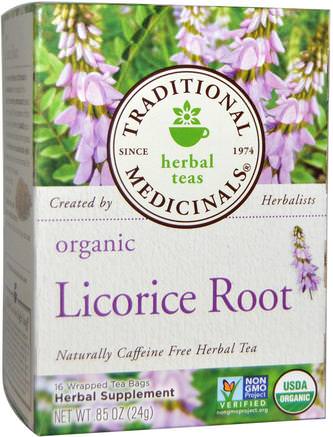 Herbal Teas, Organic Licorice Root, Naturally Caffeine Free, 16 Wrapped Tea Bags.85 oz (24 g) by Traditional Medicinals-Mat, Örtte, Lakritsrotte, Kosttillskott, Adaptogen