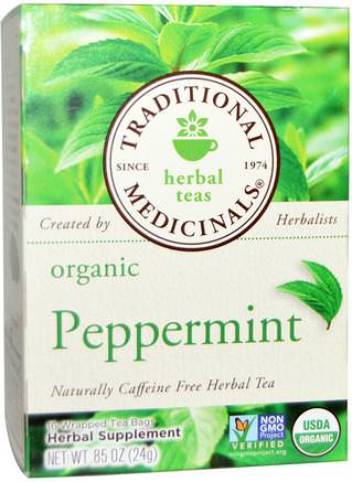 Herbal Teas, Organic Peppermint, Naturally Caffeine Free, 16 Wrapped Tea Bags.85 oz. (24 g) by Traditional Medicinals-Mat, Örtte, Pepparmintte
