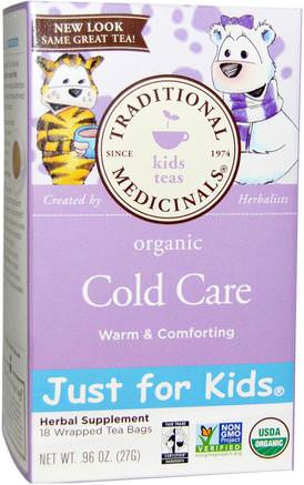 Just for Kids, Organic Cold Care, Naturally Caffeine Free Herbal Tea, 18 Tea Bags.96 oz (27 g) by Traditional Medicinals-Mat, Örtte, Kall Influensav Hosta