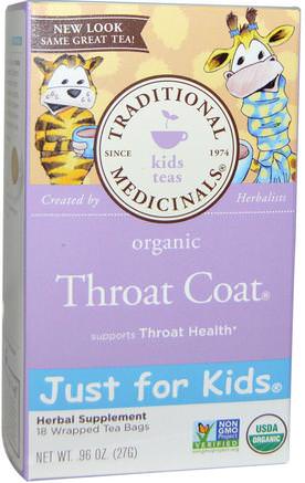 Just for Kids, Organic Throat Coat, Naturally Caffeine Free Herbal Tea, 18 Wrapped Tea Bags.96 oz (27 g) by Traditional Medicinals-Mat, Örtte