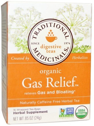 Digestive Teas, Organic Gas Relief Tea, Naturally Caffeine Free, 16 Wrapped Tea Bags.85 oz (24 g) by Traditional Medicinals-Hälsa