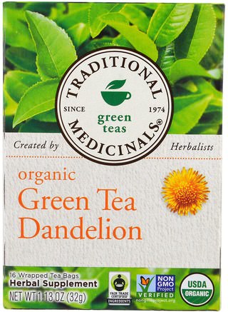 Green Teas, Organic Green Tea Dandelion, 16 Wrapped Tea Bags, 1.13 oz (32 g) by Traditional Medicinals-Mat, Örtte, Maskros Te, Kosttillskott, Antioxidanter, Grönt Te
