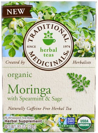 Organic Moringa with Spearmint & Sage, 16 Wrapped Tea Bags, 86 oz (24 g) by Traditional Medicinals-Mat, Örtte, Spearmint