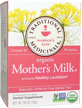 Womens Teas, Organic Mothers Milk, Naturally Caffeine Free, 16 Wrapped Tea Bags.99 oz (28 g) by Traditional Medicinals-Mat, Örtte, Babyfodring, Amning