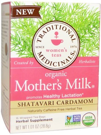Womens Teas, Organic Mothers Milk, Shatavari Cardamom, Naturally Caffeine Free, 16 Wrapped Tea Bags.06 oz (1.8 g) Each by Traditional Medicinals-Hälsa, Graviditet, Amning, Amning