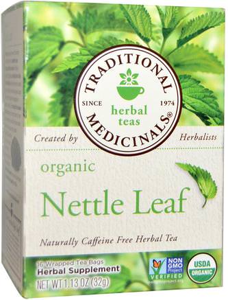 Herbal Teas, Organic Nettle Leaf Herbal Tea, Naturally Caffeine Free, 16 Wrapped Tea Bags, 1.13 oz (32 g) by Traditional Medicinals-Mat, Örtte, Nässlor Stinging
