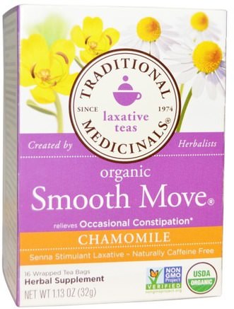Laxative Teas, Organic Smooth Move, Chamomile, Naturally Caffeine Free Herbal Tea, 16 Wrapped Tea Bags, 1.13 oz (32 g) by Traditional Medicinals-Hälsa, Förstoppning, Mat, Örtte, Kamille Te