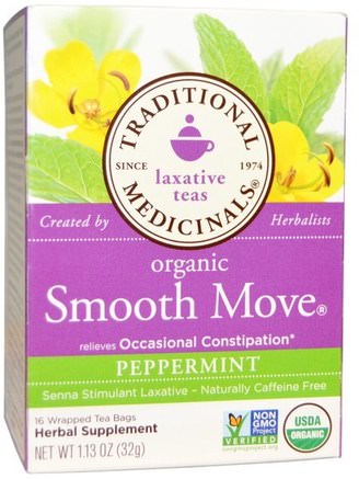 Laxative Teas, Organic Smooth Move, Peppermint, Naturally Caffeine Free Herbal Tea, 16 Wrapped Tea Bags, 1.13 oz (32 g) by Traditional Medicinals-Hälsa, Förstoppning, Mat, Örtte, Pepparmintte