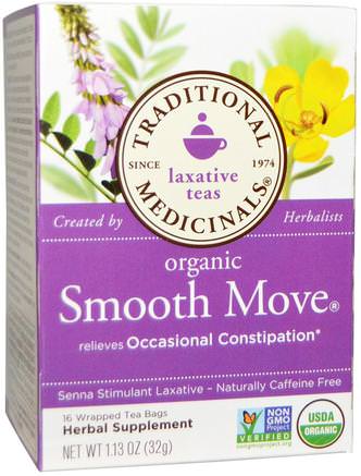 Laxative Teas, Organic Smooth Move, Senna Stimulant Laxative, Naturally Caffeine Free Herbal Tea, 16 Wrapped Tea Bags, 1.13 oz (32 g) by Traditional Medicinals-Mat, Örtte, Hälsa, Förstoppning