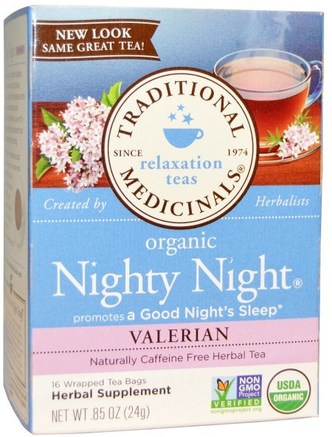 Relaxation Teas, Organic Nighty Night, Naturally Caffeine Free Herbal Tea, Valerian, 16 Wrapped Tea Bags.85 oz (24 g) by Traditional Medicinals-Örter, Valerianer