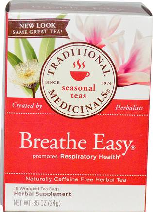 Seasonal Teas, Breathe Easy, Naturally Caffeine Free, 16 Wrapped Tea Bags.85 oz (24 g) by Traditional Medicinals-Mat, Örtte