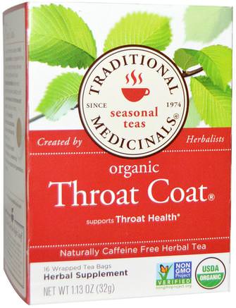 Seasonal Teas, Organic Throat Coat, Naturally Caffeine Free, 16 Wrapped Tea Bags, 1.13 oz (32 g) by Traditional Medicinals-Sverige