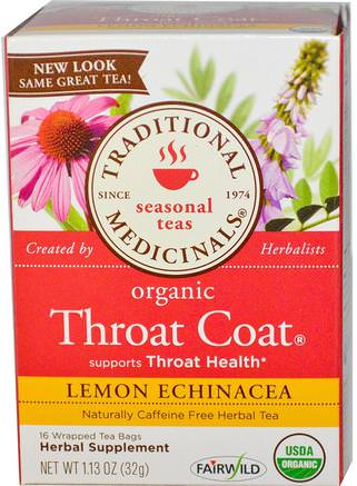 Seasonal Teas, Organic Throat Coat, Naturally Caffeine Free, Lemon Echinacea, 16 Wrapped Tea Bags, 1.13 oz (32 g) by Traditional Medicinals-Sverige
