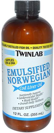 Emulsified Norwegian Cod Liver Oil, Mint, 12 fl oz (355 ml) by Twinlab-Kosttillskott, Efa Omega 3 6 9 (Epa Dha), Fiskolja, Vätskeolja