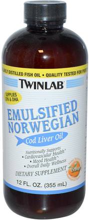 Emulsified Norwegian Cod Liver Oil, Orange, 12 fl oz (355 ml) by Twinlab-Kosttillskott, Efa Omega 3 6 9 (Epa Dha), Fiskolja, Vätskeolja