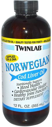 Norwegian Cod Liver Oil, Unflavored, 12 fl oz (355 ml) by Twinlab-Kosttillskott, Efa Omega 3 6 9 (Epa Dha), Fiskolja, Torskleveroljevätska