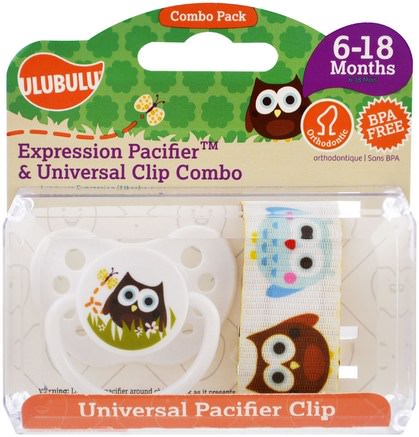 Expression Pacifiers & Universal Clip Combo, Owl, 6-18 Months, 2 Pieces by Ulubulu-Barns Hälsa, Bebis, Barn