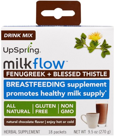 Milkflow, Fenugreek + Blessed Thistle Drink Mix, Natural Chocolate Flavor, 18 Packets, (15 g) Each by UpSpring-Barns Hälsa, Babyfodring, Amning