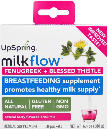 Milkflow, Fenugreek Plus Blessed Thistle Drink Mix, Natural Berry Flavor, 18 Packets, 0.35 oz (10 g) Each by UpSpring-Barns Hälsa, Amning