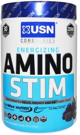 Amino Stim, Concetrated Focus, Energy and Recovery Stack, Blue Raspberry Flavor, 11.11 oz (315 g) by USN-Sport, Träning, Sport