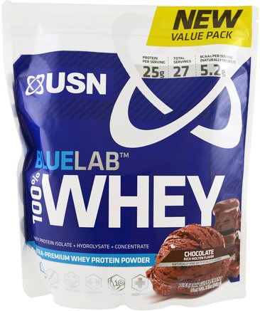 BlueLab, 100% Whey Protein, Chocolate, 2 lbs (918 g) by USN-Kosttillskott, Vassleprotein