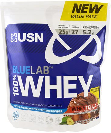 BlueLab, 100% Whey Protein, WheyTella, 2 lbs (918 g) by USN-Kosttillskott, Vassleprotein