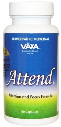 Attend, 60 Capsules by Vaxa International-Kosttillskott, Homeopati, Uppmärksamhet Underskott Störning, Lägg Till, Adhd