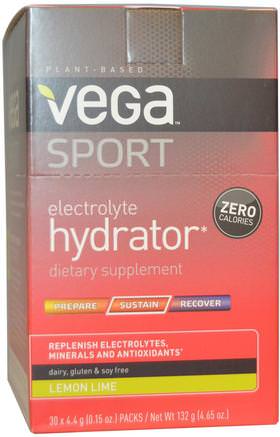 Sport, Electrolyte Hydrator, Lemon Lime, 30 Packs, 0.15 oz (4.4 g) Each by Vega-Sport, Fyllning Av Elektrolytdryck