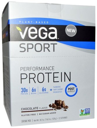 Sport Performance Protein Drink Mix, Chocolate Flavor, 12 Packets, 1.6 oz (44 g) Each by Vega-Sport, Sport, Protein