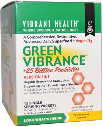 Green Vibrance +25 Billion Probiotics, Version 14.1, 15 Packets, 6.4 oz (181.5 g) by Vibrant Health-Kosttillskott, Enkla Serveringspaket, Superfoods, Greener, Grön Vibration
