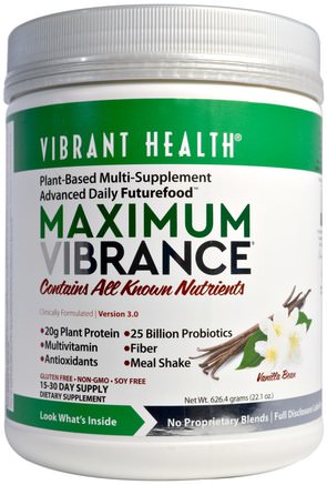 Maximum Vibrance, Version 3.0, Vanilla Bean, 22.1 oz (626.4 g) by Vibrant Health-Kosttillskott, Skämt Av Mjölk, Superfoods