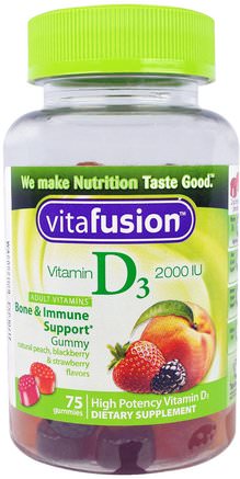 Vitamin D3, Natural Peach, Blackberry & Strawberry Flavors, 2000 IU, 75 Gummies by VitaFusion-Vitaminer, Vitamin D3, Gummier