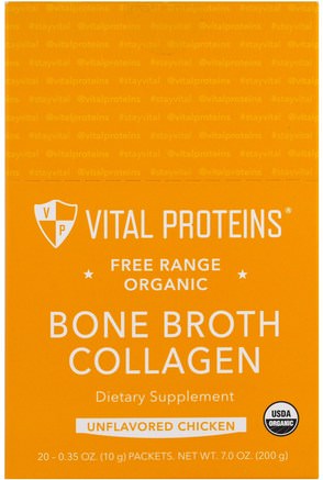 Free Range Organic Bone Broth Collagen, Unflavored Chicken, 20 Packets, 0.35 oz (10 g) Each by Vital Proteins-Hälsa, Ben, Osteoporos, Kollagen