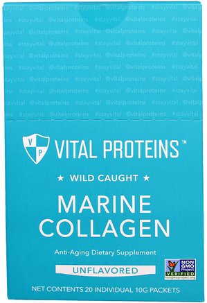 Wild Caught, Marine Collagen, Unflavored, 20 Individual Packets (10 g) by Vital Proteins-Hälsa, Ben, Osteoporos, Kollagen, Kosttillskott