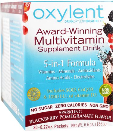Oxylent, Multivitamin Supplement Drink, Sparkling Blackberry Pomegranate, 30 Packets, 0.22 oz (6.2 g) Each by Vitalah-Sport, Återupptagning Av Elektrolytdryck, Flytande Multivitaminer