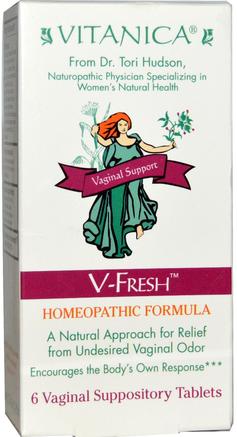 V-Fresh, Vaginal Support, 6 Vaginal Suppository Tablets by Vitanica-Kosttillskott, Homeopati Kvinnor