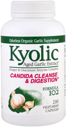 Aged Garlic Extract, Candida Cleanse & Digestion, Formula 102, 200 Vegetarian Caps by Wakunaga - Kyolic-Kosttillskott, Antibiotika