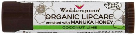 Organic Lipcare, Coconut Lime, 0.15 oz (4.5 g) by Wedderspoon-Bad, Skönhet, Läppvård, Läppbalsam