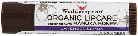 Organic Lipcare, Lavender Lemon, 0.15 oz (4.5 g) by Wedderspoon-Bad, Skönhet, Läppvård, Läppbalsam