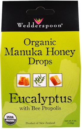 Organic Manuka Honey Drops, Eucalyptus with Bee Propolis, 4 oz (120 g) by Wedderspoon-Hälsa, Lung Och Bronkial, Hosta Droppar