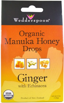 Organic Manuka Honey Drops, Ginger with Echinacea, 4 oz (120 g) by Wedderspoon-Hälsa, Lung Och Bronkial, Hosta Droppar