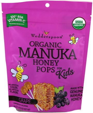 Organic Manuka Honey Pops For Kids, Grape, 24 Count, 4.15 oz by Wedderspoon-Mat, Mellanmål, Godis