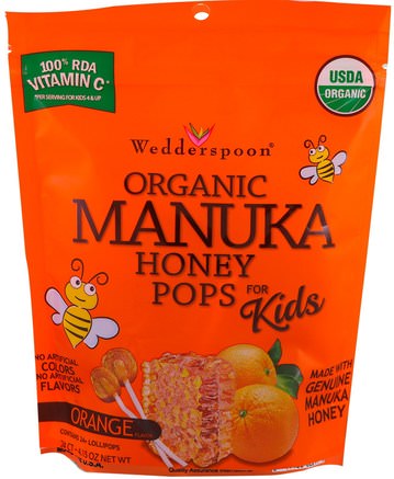 Organic Manuka Honey Pops for Kids, Orange, 24 Count, 4.15 oz by Wedderspoon-Mat, Mellanmål, Godis