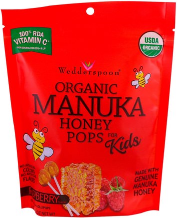 Organic Manuka Honey Pops For Kids, Raspberry, 24 Count, 4.15 oz by Wedderspoon-Mat, Mellanmål, Godis