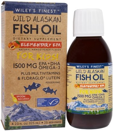 Wild Alaskan Fish Oil, Elementary EPA, For Kids!, Natural Mango Peach Flavor, 1500 mg, 4.23 fl oz (125 ml) by Wileys Finest-Kosttillskott, Efa Omega 3 6 9 (Epa Dha), Dha, Epa, Flytande Vätskeolja
