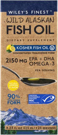 Wild Alaskan Fish Oil, Kosher Fish Oil, Natural Lemon Flavor, 4.23 fl oz (125 ml) by Wileys Finest-Kosttillskott, Efa Omega 3 6 9 (Epa Dha), Dha, Epa