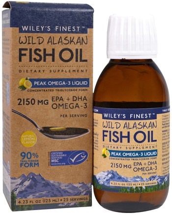 Wild Alaskan Fish Oil, Peak Omega-3 Liquid, Natural Lemon Flavor, 2150 mg, 4.23 fl oz (125 ml) by Wileys Finest-Kosttillskott, Efa Omega 3 6 9 (Epa Dha), Flytande Fiskolja