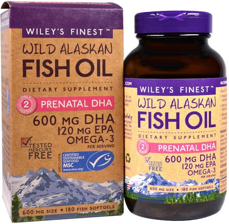 Wild Alaskan Fish Oil, Prenatal DHA, 600 mg, 180 Fish Softgels by Wileys Finest-Kosttillskott, Efa Omega 3 6 9 (Epa Dha), Dha, Epa, Hälsa, Graviditet