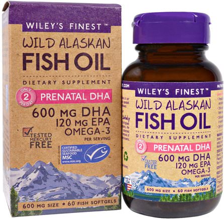 Wild Alaskan Fish Oil, Prenatal DHA, 600 mg, 60 Fish Softgels by Wileys Finest-Kosttillskott, Efa Omega 3 6 9 (Epa Dha), Dha, Epa, Fiskolja
