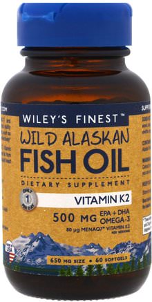 Wild Alaskan Fish Oil, Vitamin K2, 60 Fish Oil Softgels by Wileys Finest-Kosttillskott, Efa Omega 3 6 9 (Epa Dha), Fiskolja